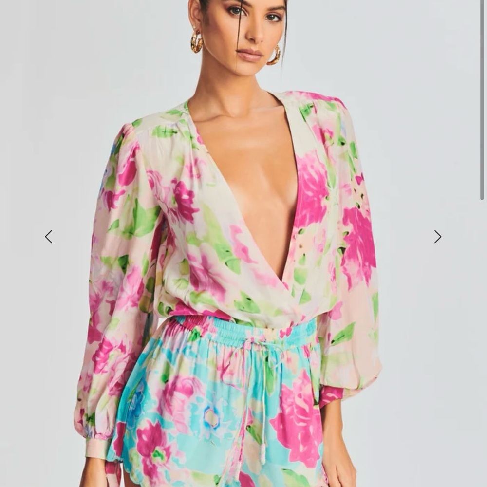 Rococo Sand Floral V-Neck Blouse - Pink and Green
